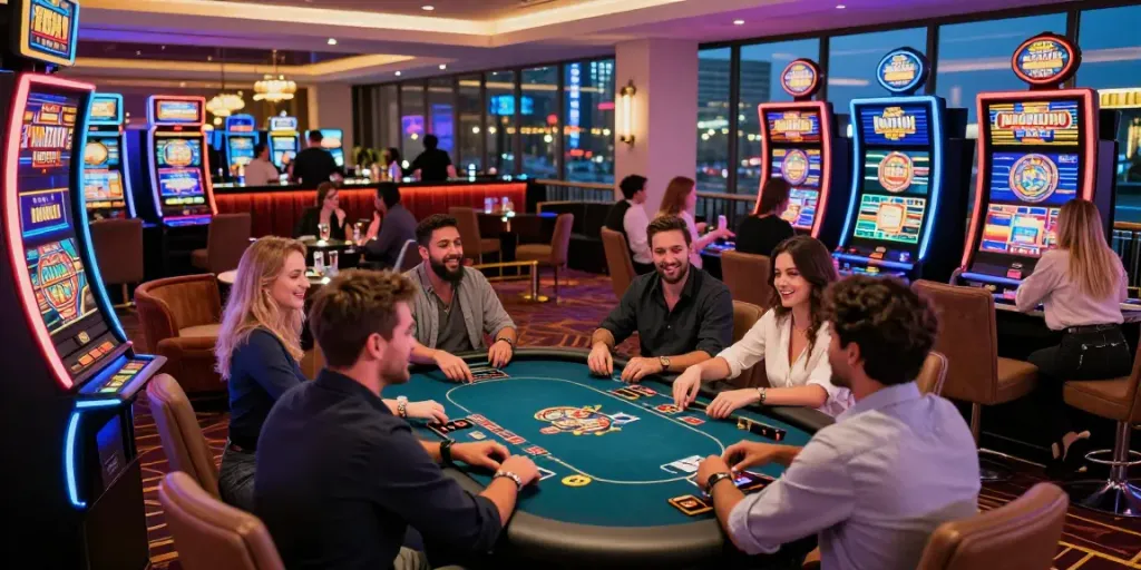 Exciting gameplay scene at vibrant non gamstop casinos UK with players engaged at diverse gaming tables and slot machines.