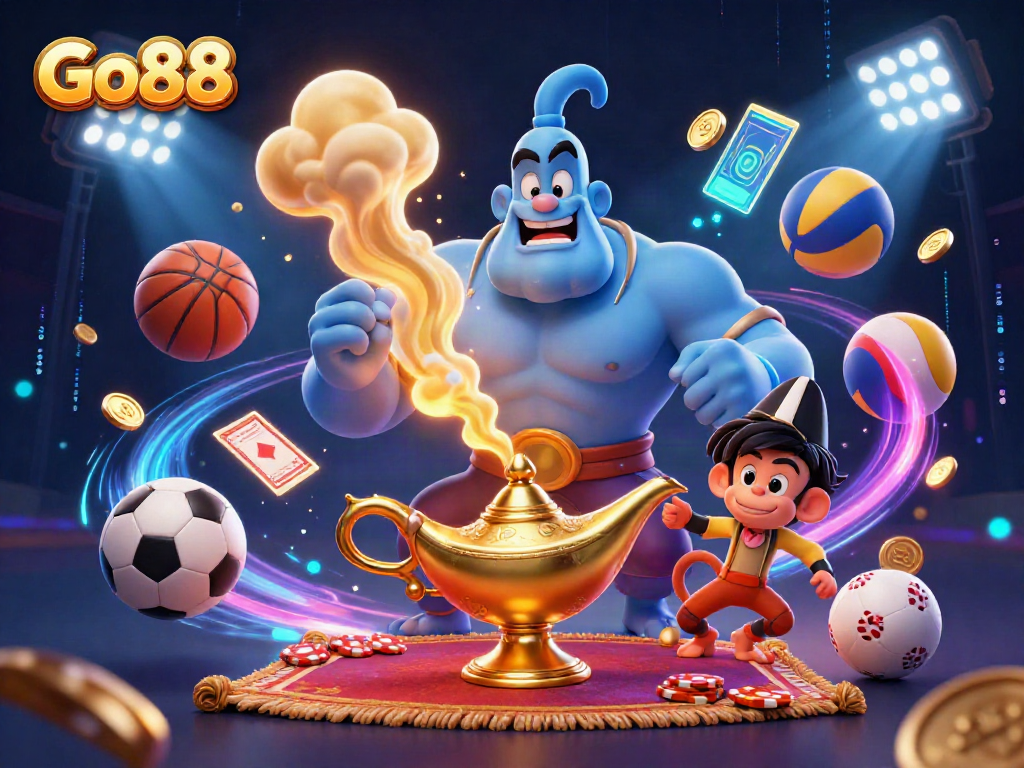 Go88 casino themed illustration featuring a genie, monkey, and poker elements flying through dynamic action.