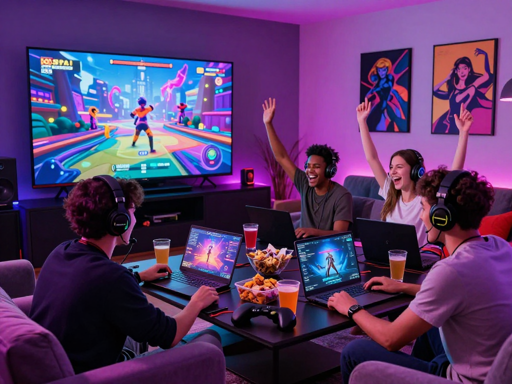 Group of friends playing engaging sex games on a large screen in a vibrant gaming room.