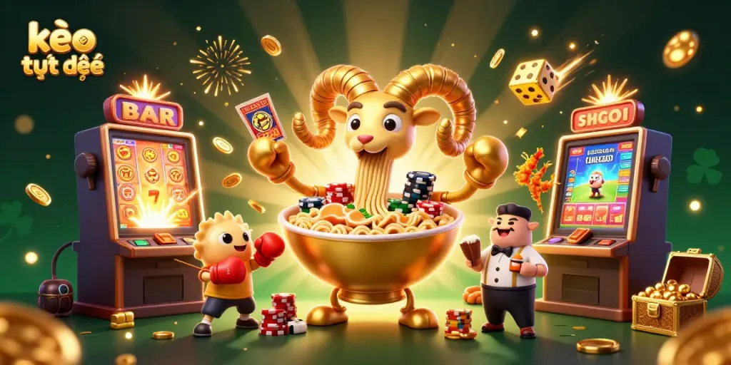 Engage in kèo trực tuyến excitement with a golden ramen bowl character, vibrant casino elements, and sports betting themes.