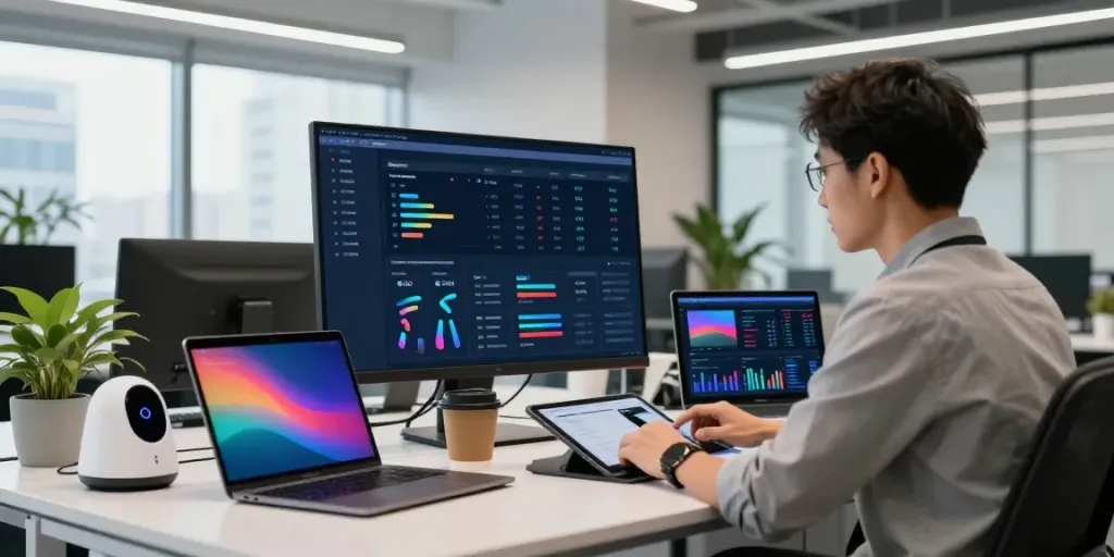 Digital marketer analyzing SEO data for instant indexing in a modern office.