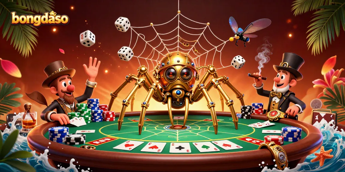 Engage with bongdaso's thrilling gambling scene featuring a steampunk spider and poker elements.