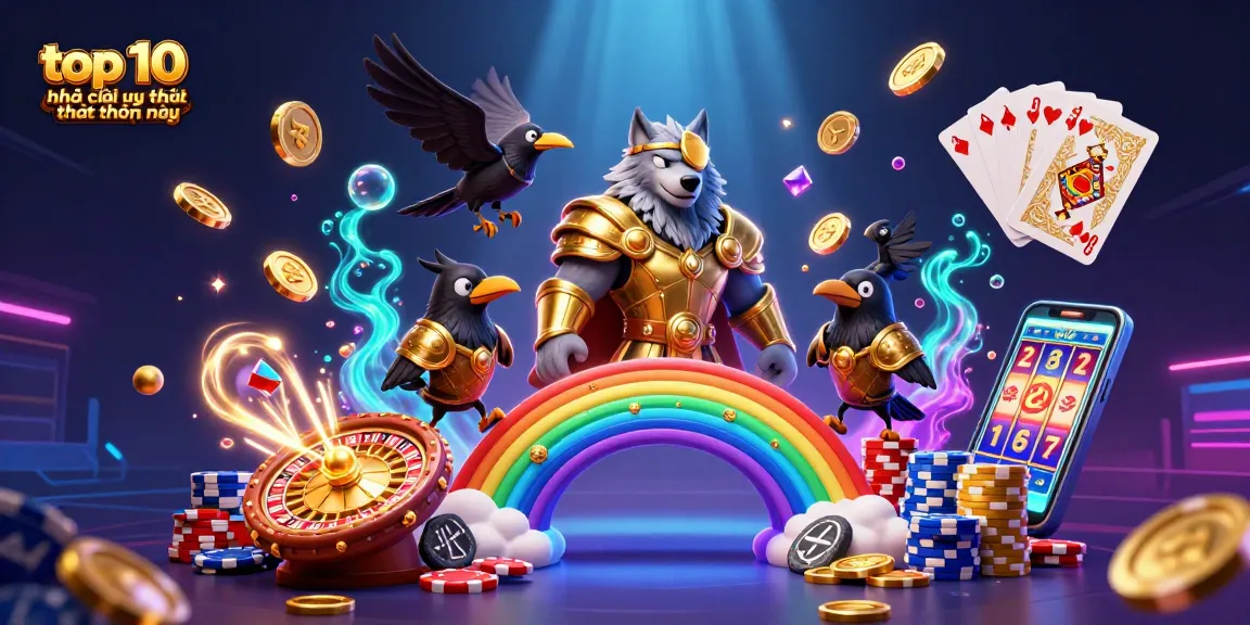 Experience the top 10 nhà cái uy tín nhất hiện nay in an engaging casino-themed illustration featuring dynamic gaming elements.
