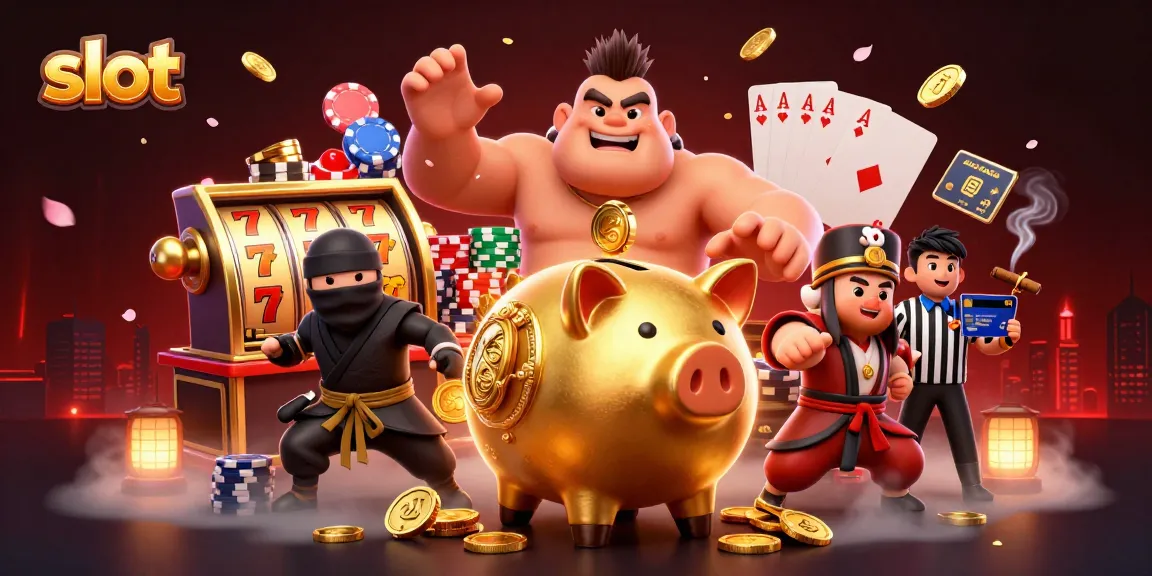Experience the thrill of slots with golden piggy bank and vibrant casino elements.