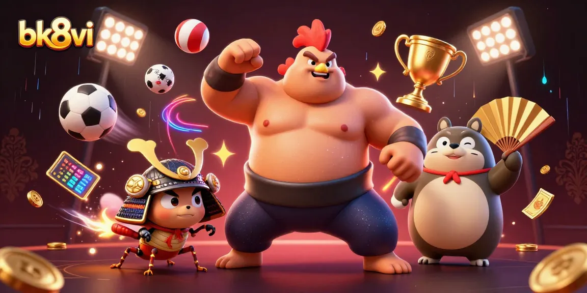 Engage with bk8vi's dynamic sports betting action featuring a powerful sumo rooster and fierce cricket.