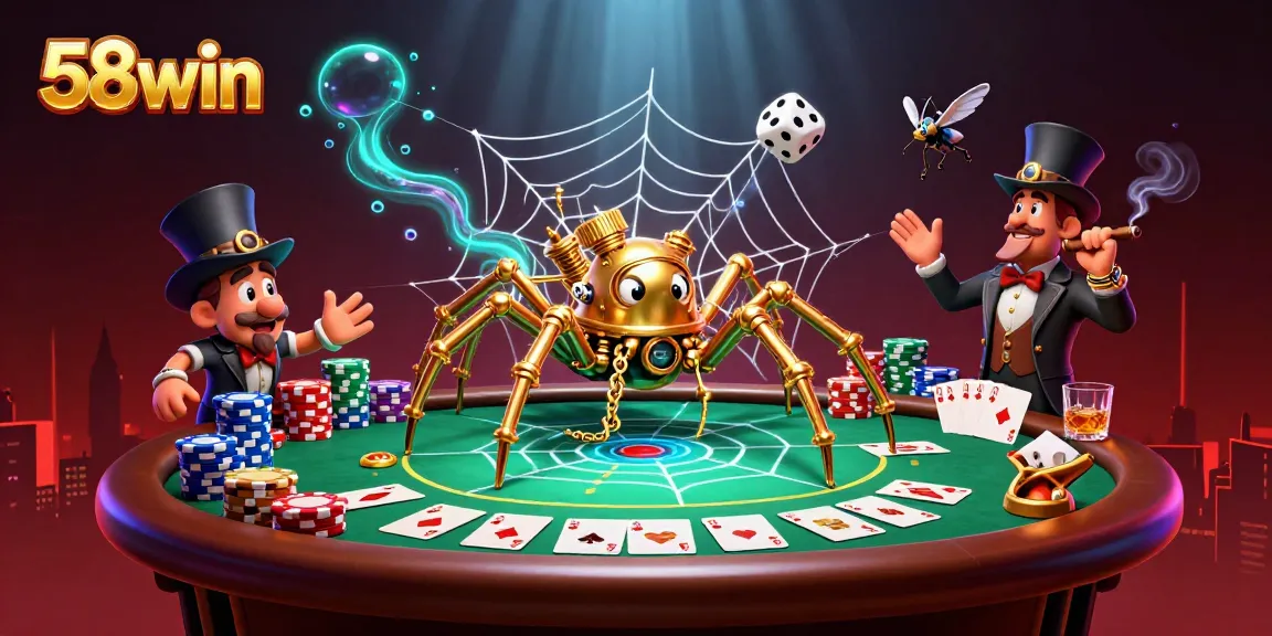Join the thrilling world of 58win with a stunning 3D scene showcasing a steampunk spider webbing poker chips and dice.