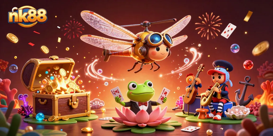 Experience thrilling gameplay at nk88 with a vibrant casino scene showcasing a dragonfly pilot and a frog dealer.
