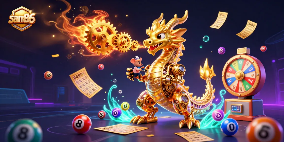 Experience thrilling gameplay at sam86 with a dynamic scene featuring a golden dragon and vibrant casino elements.