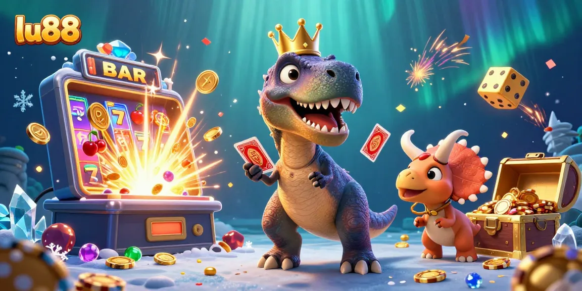 Join the fun at lu88 with a T-Rex shuffling cards and a baby triceratops stacking chips.