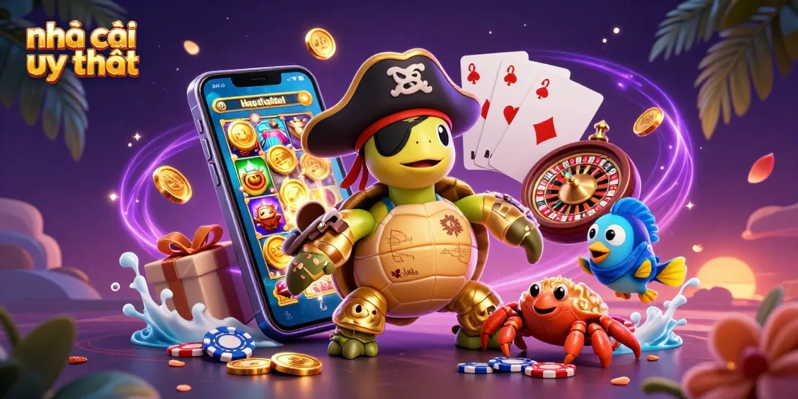 Engage with the exciting world of nhà cái uy tín through vibrant gambling visuals featuring a pirate turtle and colorful casino elements.