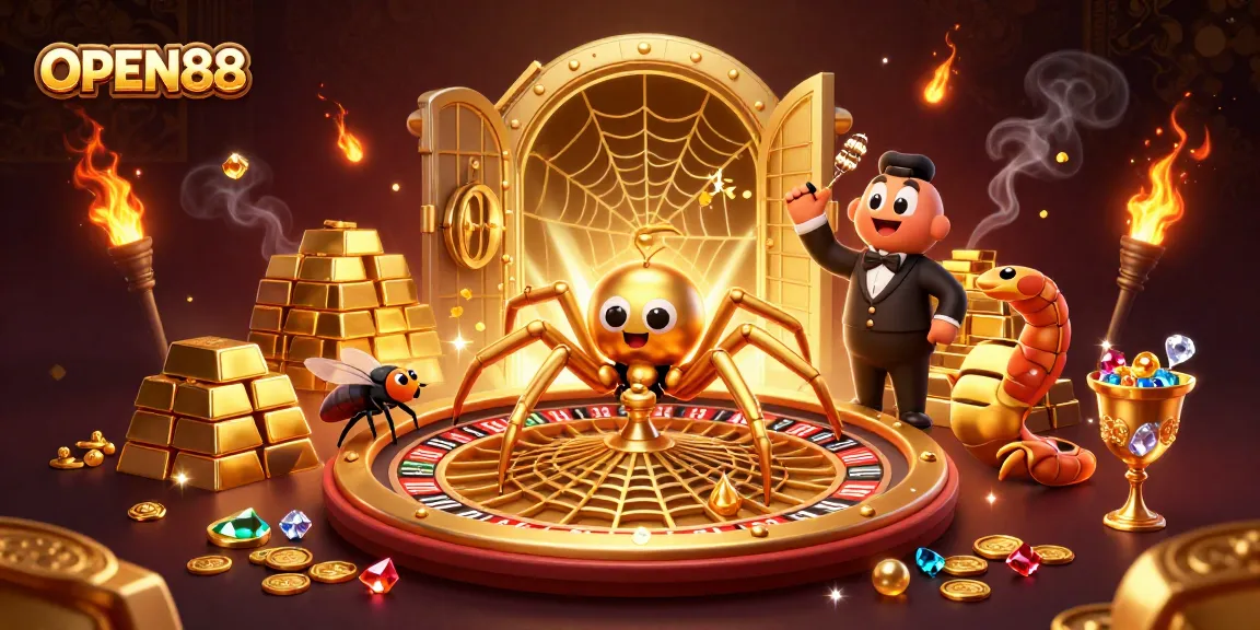 Witness OPEN88's thrilling web of chances with a golden spider, roulette wheel, and rich treasures.