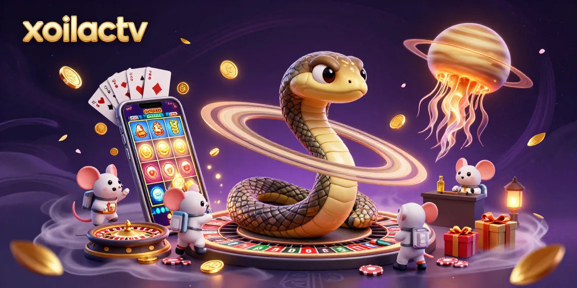 Xoilactv engages bettors with vibrant casino elements in a dynamic cosmic scene featuring a roulette wheel and slot game.