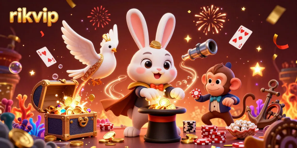 Experience the thrill of rikvip with a magician rabbit, a dove, and a monkey in a vibrant casino scene.