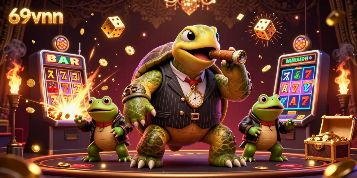 Join the excitement of 69vnn as the snapping turtle in mobster attire leads a casino adventure filled with jackpots and winning moments.