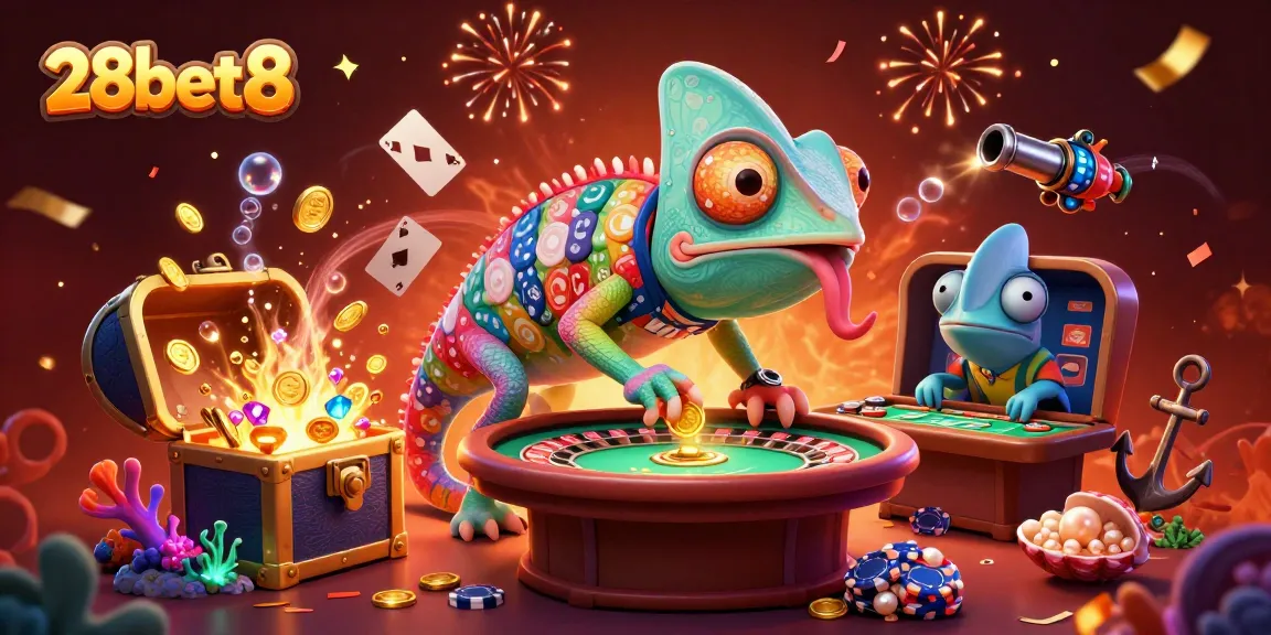 Experience the thrill of casino gaming at 28bet8 with vibrant 3D cartoon chameleon and dynamic game elements.