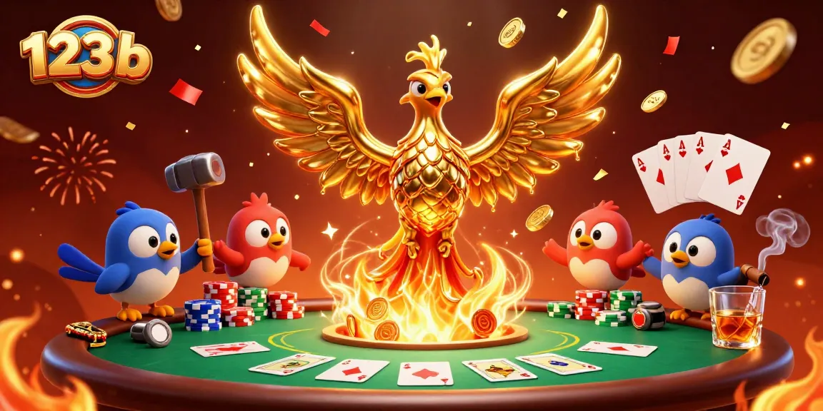 Join the excitement at 123b with a dynamic poker scene featuring molten golden phoenix and vibrant chips!