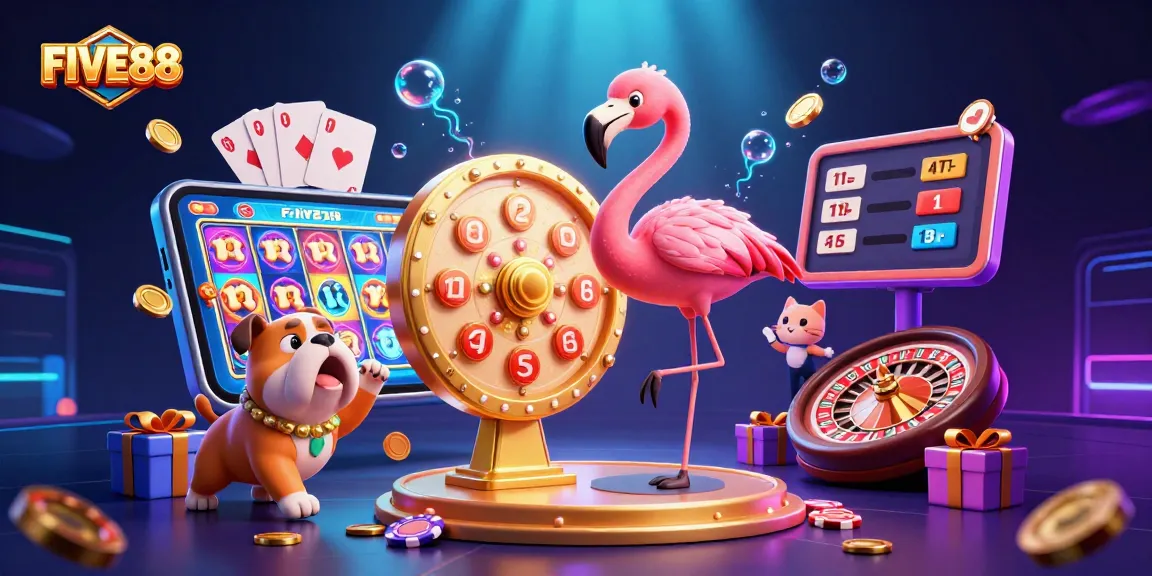 FIVE88 engages players with an exciting casino scene showcasing vibrant games and animated characters.