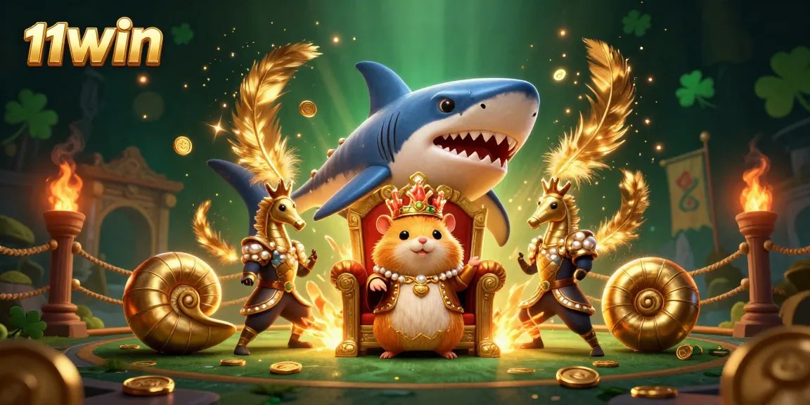 Experience excitement at 11WIN with a fierce golden hamster king in this rich casino-themed illustration.