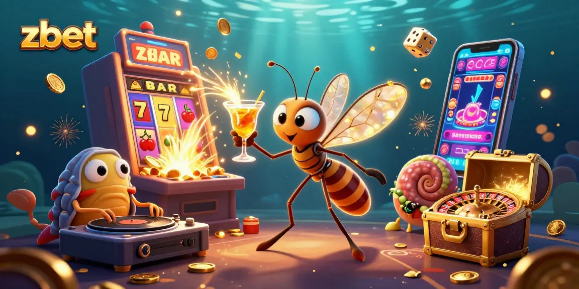 Spin for jackpots with zbet at a vibrant casino illustration featuring unique characters and game elements.