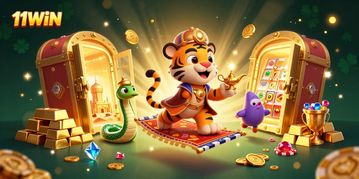 Engage in thrilling slot action with 11WIN featuring a vibrant 3D cartoon casino scene.