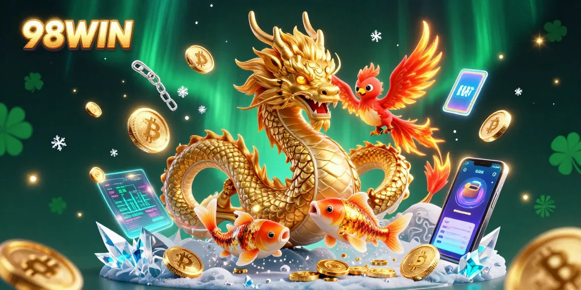 Experience thrilling wins with 98WIN's vibrant casino scene featuring legendary creatures and crypto coins.