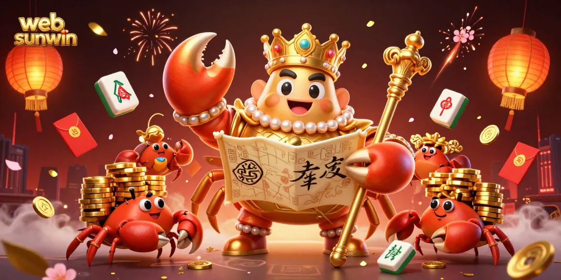 Engage with thrilling games at web sunwin featuring a vibrant 3D crab emperor surrounded by festive elements.