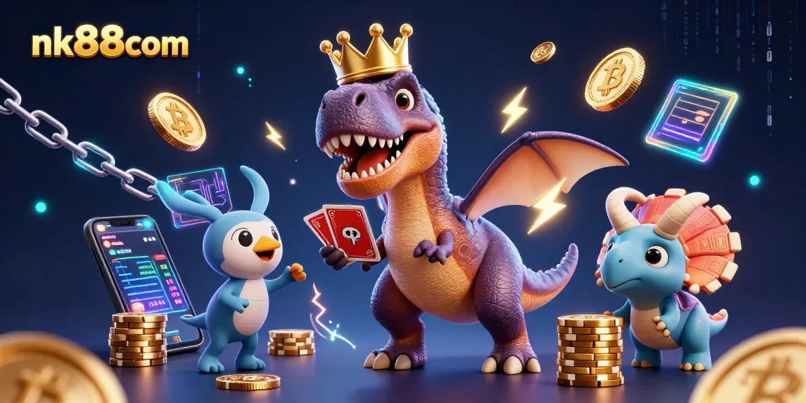 Explore games at nk88com while a charming T-Rex shuffles cards with help from a pterodactyl.