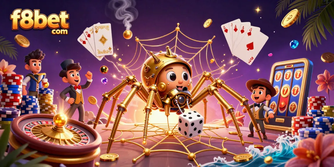 Catch thrilling wins with f8bet com, showcasing a steampunk spider and vibrant casino elements.