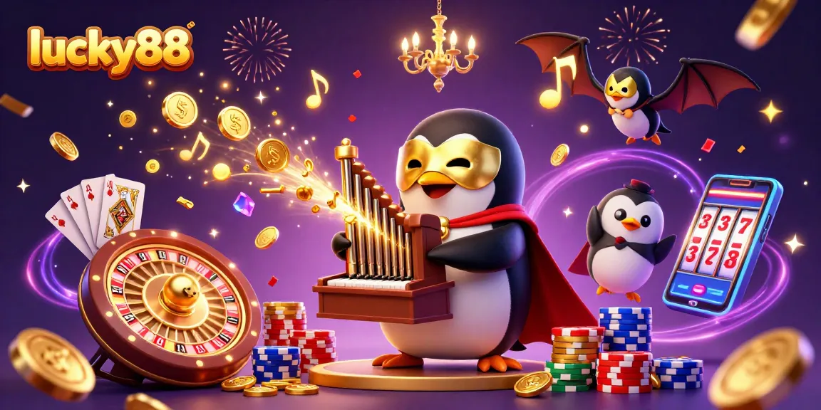 Play and win at lucky88 with a 3D scene featuring a penguin organist, coins, and festive casino symbols.