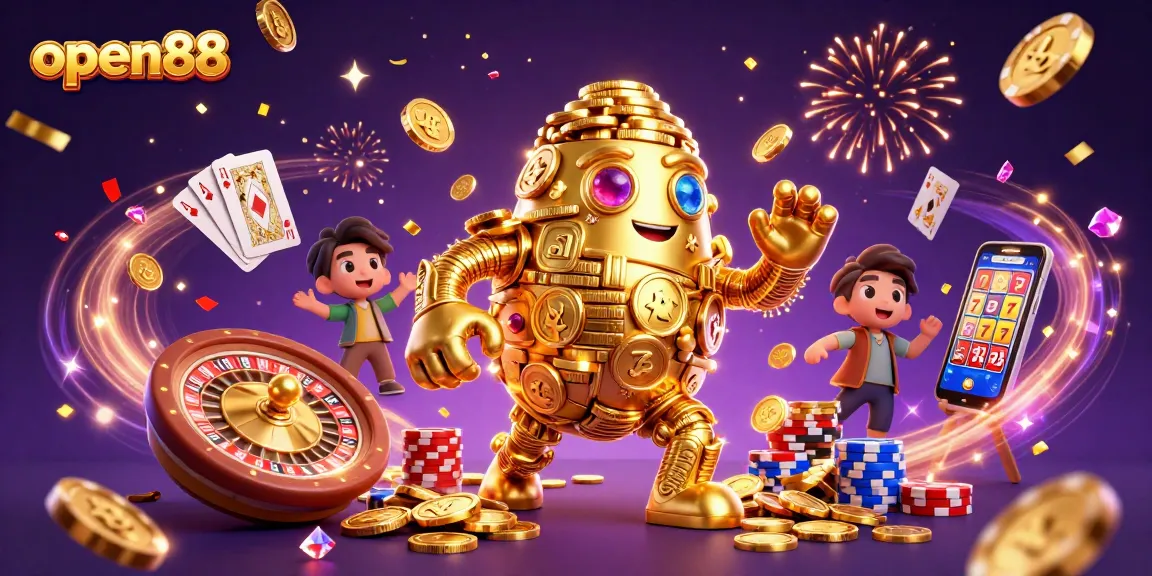 Experience dynamic gameplay with open88 featuring a stunning 3D golden golem and exciting casino elements.