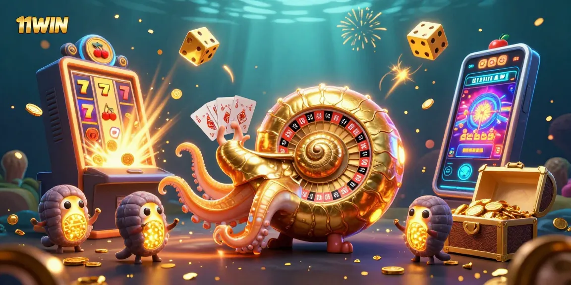 Play exciting games at 11WIN with cartoon nautilus and jackpot elements in a vibrant scene