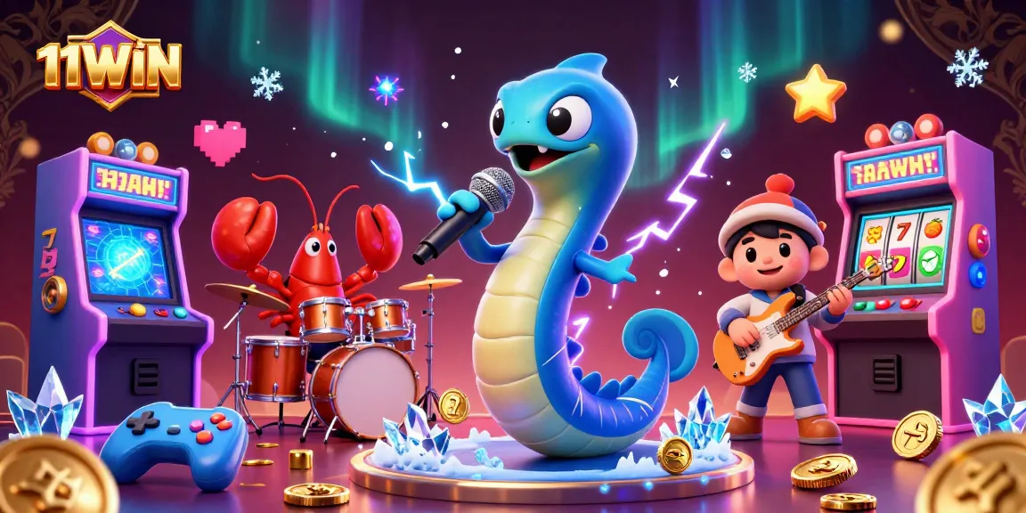 Experience vibrant gameplay in 11WIN with a colorful 3D casino scene featuring a DJ eel and backup band.