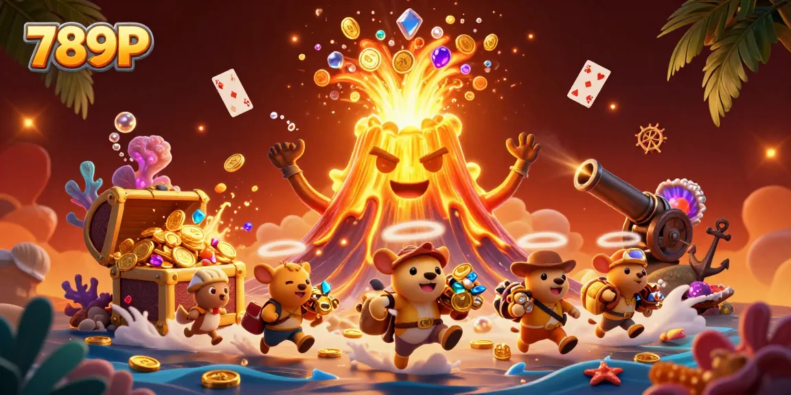 Experience the thrill of winning at 789P with a cartoon volcano erupting treasure in a vibrant casino scene.