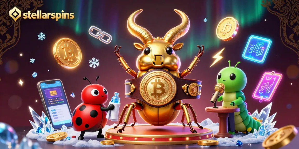 Experience stellarspins excitement with a giant stag beetle champion in a vibrant crypto casino scene.