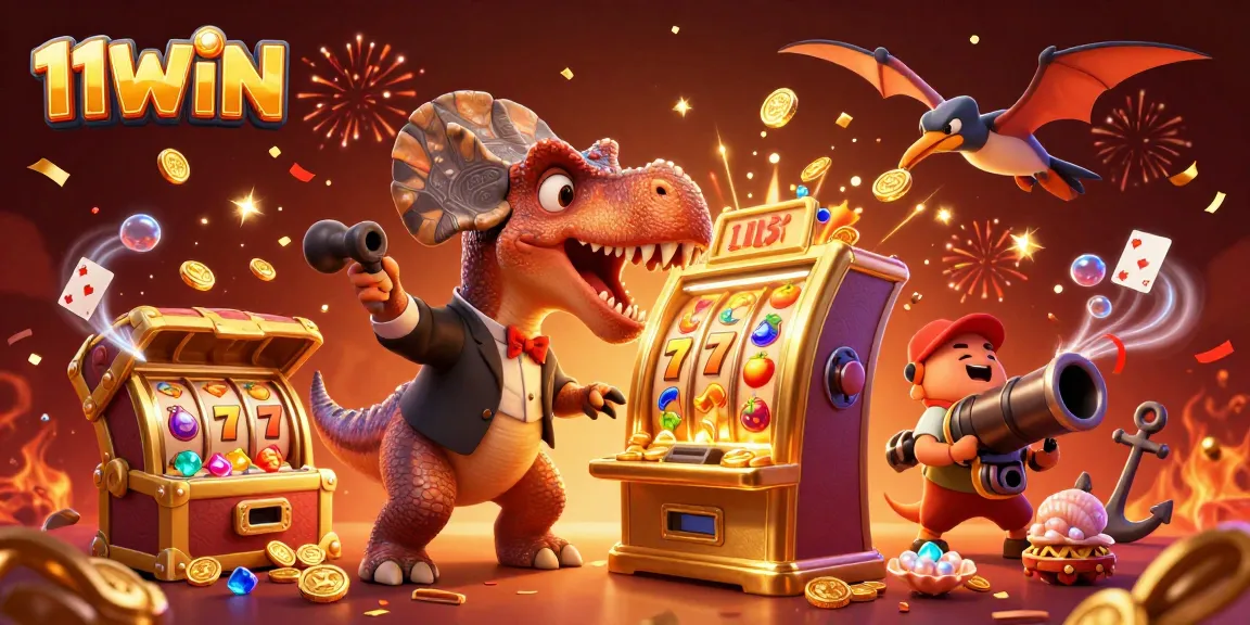 11WIN showcases a vibrant jackpot scene with animated dinosaurs and a golden slot machine in action.